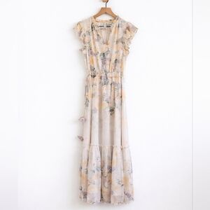 Joie Floral Ombré Maxi Dress XS Boho Tiered Chiffon Tie Neck Lined